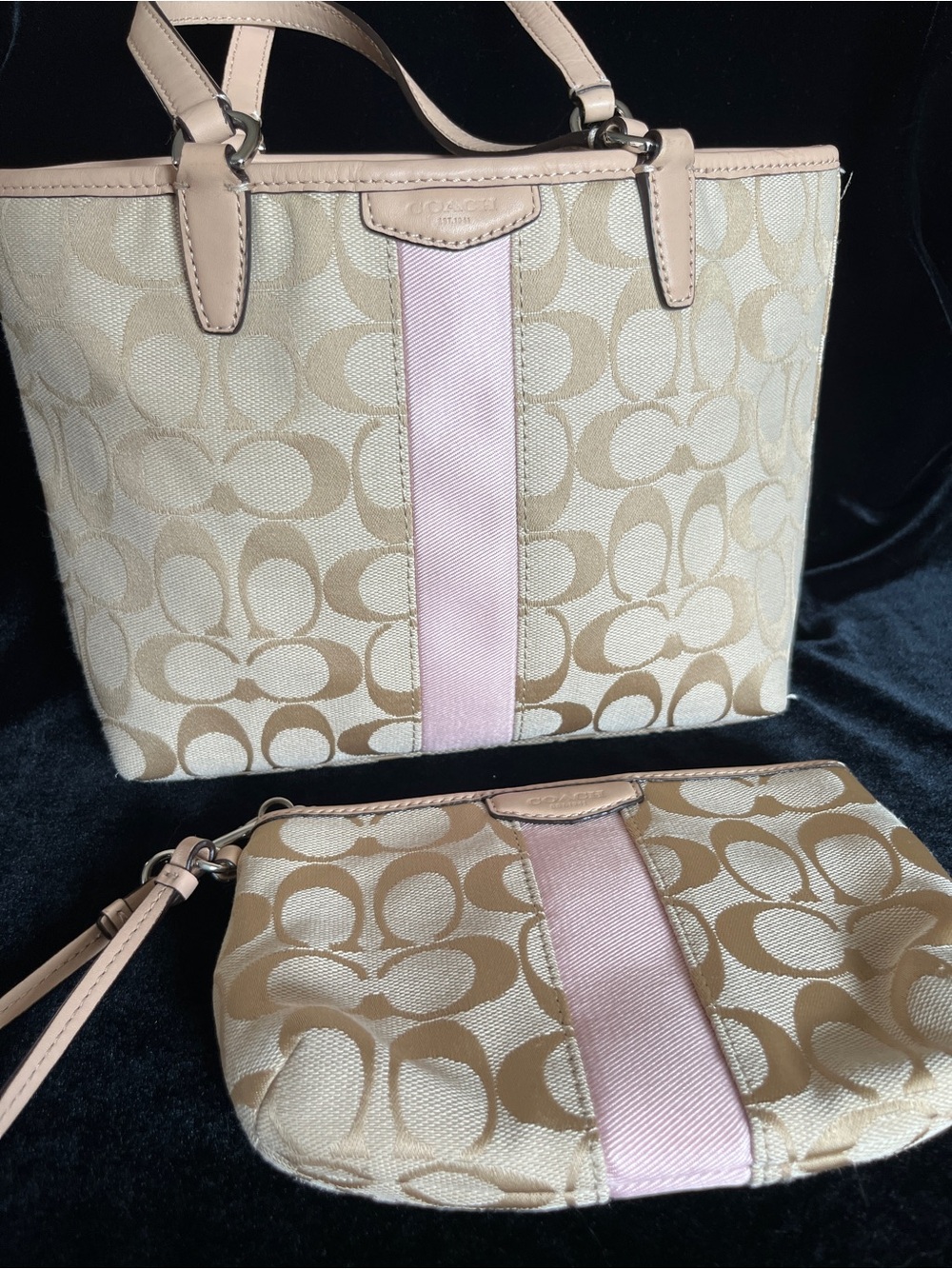 Vintage SIGNATURE STRIPE TOP HANDLE TOTE COACH KHAKI/SHELL PINK w/Wristlet